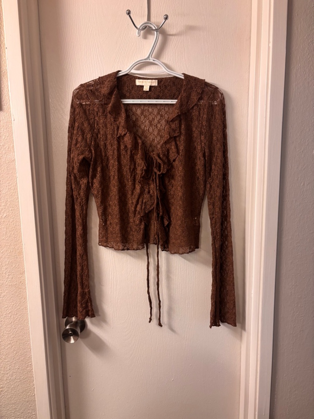 Sheer Lace Ruffle Tie-Front Blouse in Brown